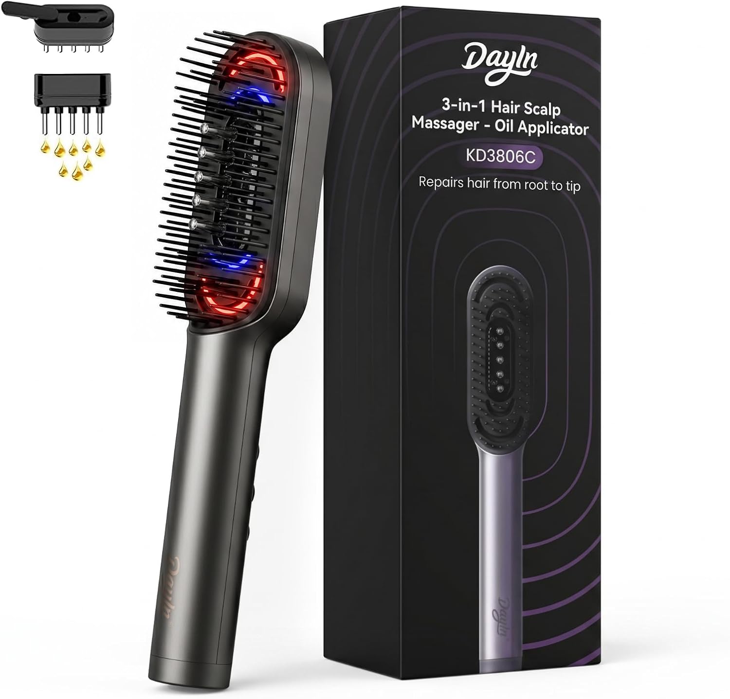 Dayln Electric Scalp Massager Hair Oil Applicator, Cordless Vibration Head Massager, Red Light Hair Brush, Deep Clean Comb for Home & Travel Gray