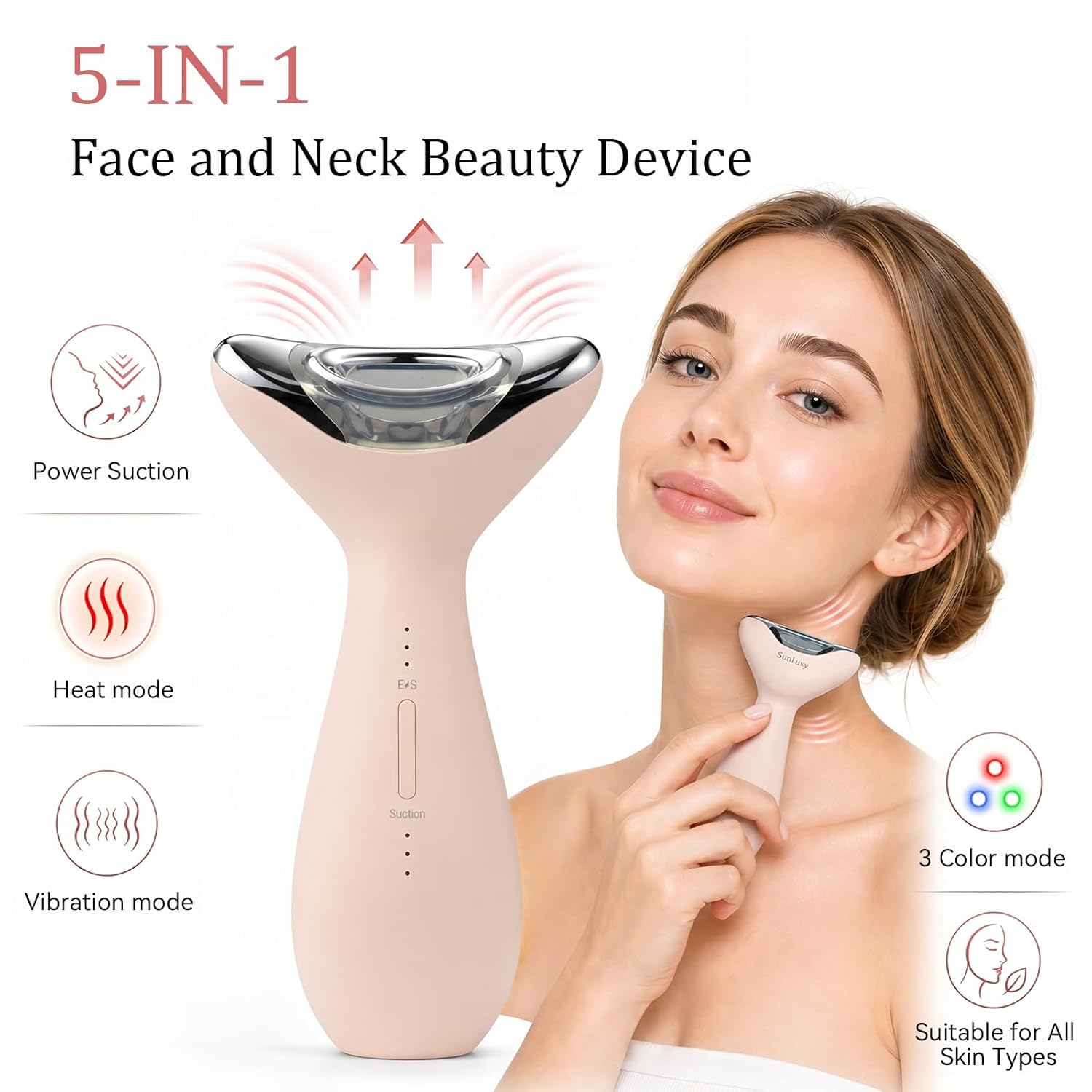 Facial Massager,5-IN-1 Red Light Therapy for Face and Neck Beauty Device with 3 Color Mode Suction Vibration Heated for Skin Care&Neck Firming