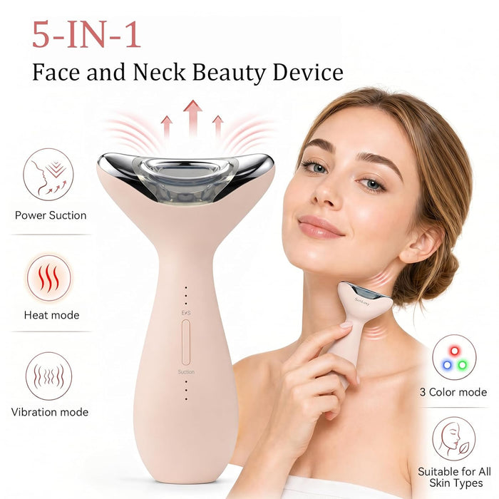 Facial Massager,5-IN-1 Red Light Therapy for Face and Neck Beauty Device with 3 Color Mode Suction Vibration Heated for Skin Care&Neck Firming