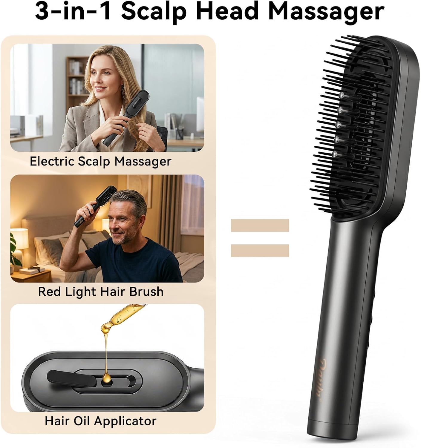 Dayln Electric Scalp Massager Hair Oil Applicator, Cordless Vibration Head Massager, Red Light Hair Brush, Deep Clean Comb for Home & Travel Gray